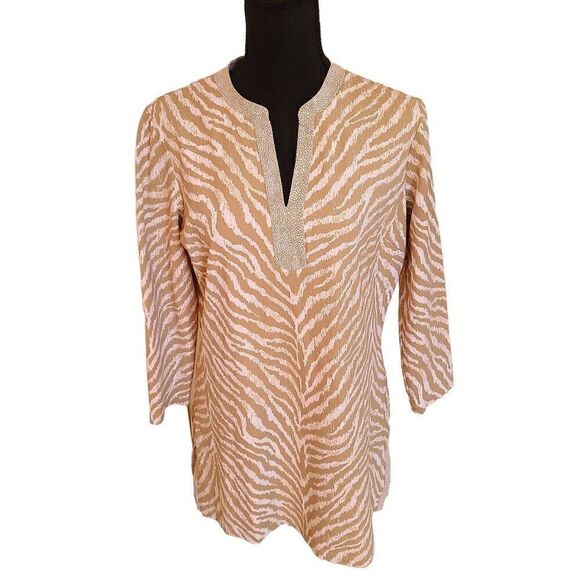 J McLaughlin Womens Beige White Print Long Sleeve Tunic Top Medium - Picture 12 of 12